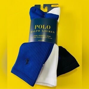 Polo Ralph Lauren Crew Socks 3 Pairs Technical Sport Black Blue White Size 10-13